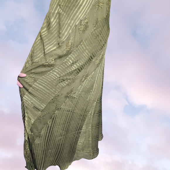 Asos Green Lace Insert Stripe Panel Long Maxi V-Neck Patchwork Satin Dress Sz 14 - Picture 3 of 7